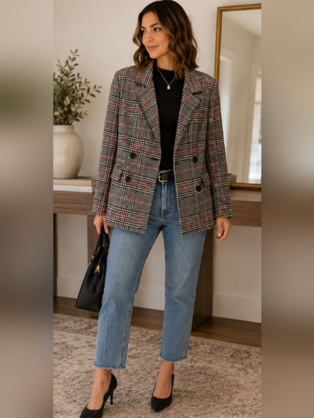 Women's Plaid Double-Breasted Jacket Blazer Black White Pink